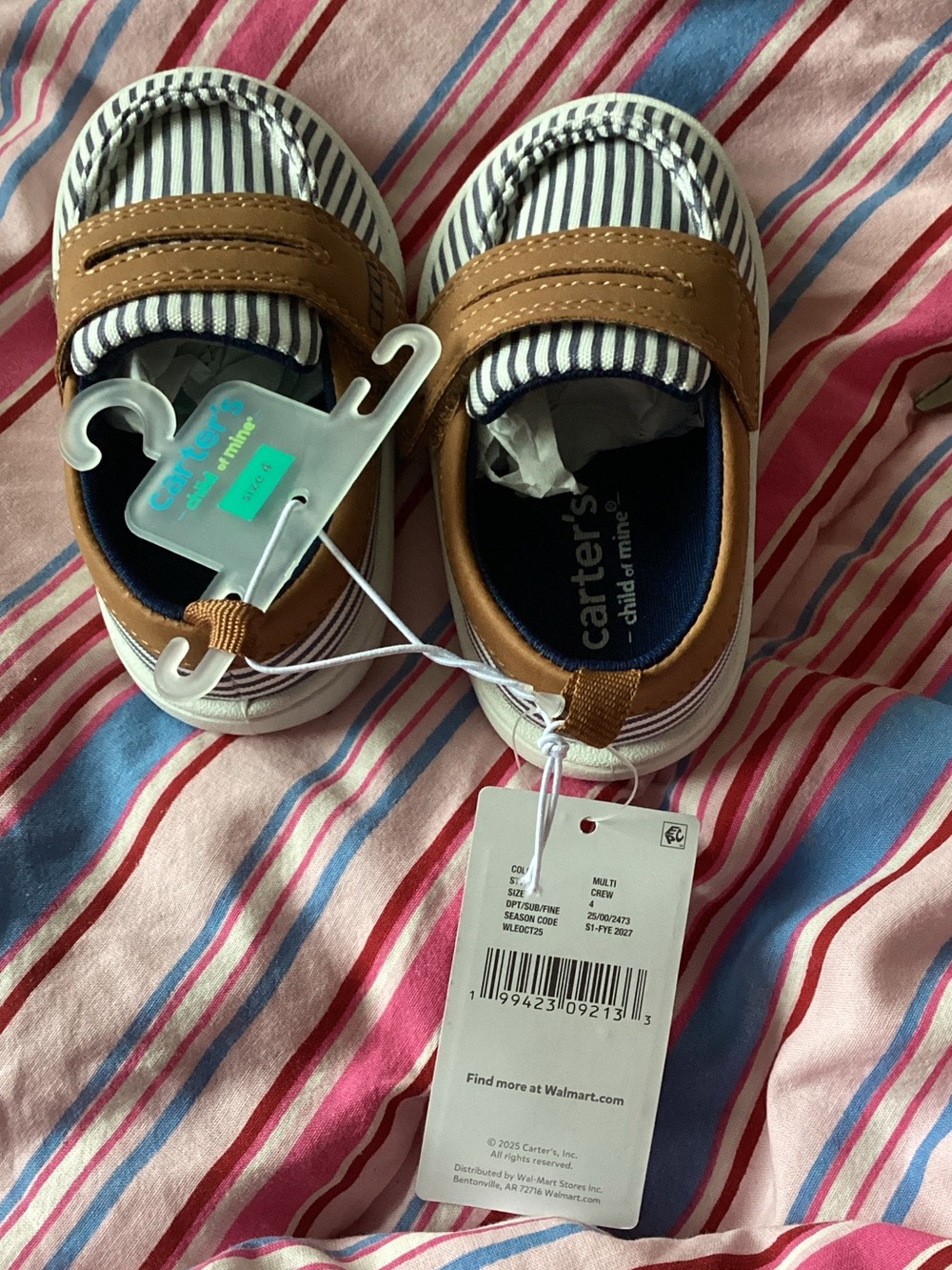 Carter's Navy and White Striped Baby Slip-On Shoes with Tan Accents